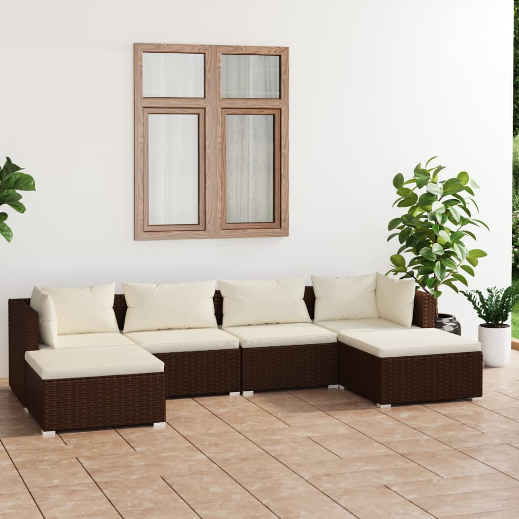 Set muebles de jardín 6 piezas y cojines ratán sintético marrón