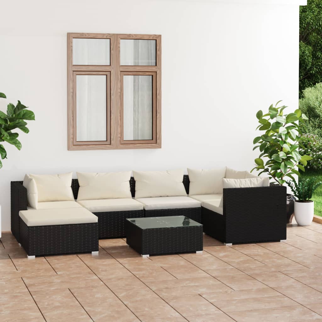 Vetonek Set de muebles de jardín 7 pzas y cojines ratán sintético negro