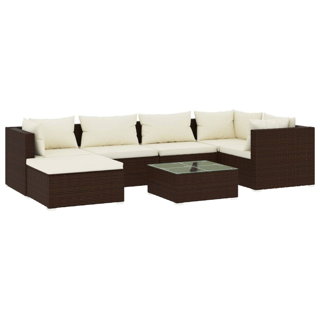 Set muebles de jardín 7 piezas y cojines ratán sintético marrón