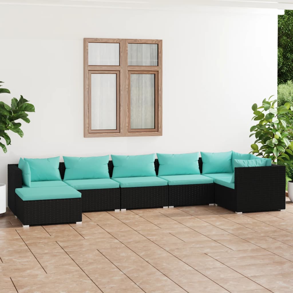 Vetonek Set de muebles de jardín 7 pzas y cojines ratán sintético negro