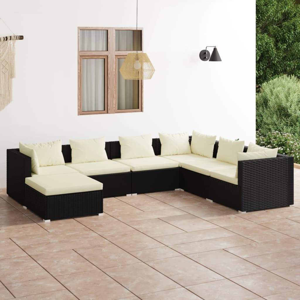 Vetonek Set de muebles de jardín 7 pzas y cojines ratán sintético negro