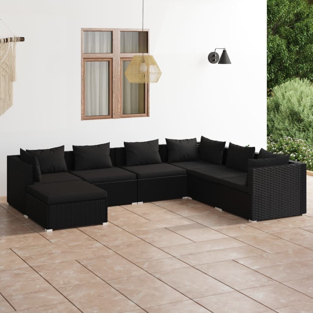 Vetonek Set de muebles de jardín 7 pzas y cojines ratán sintético negro