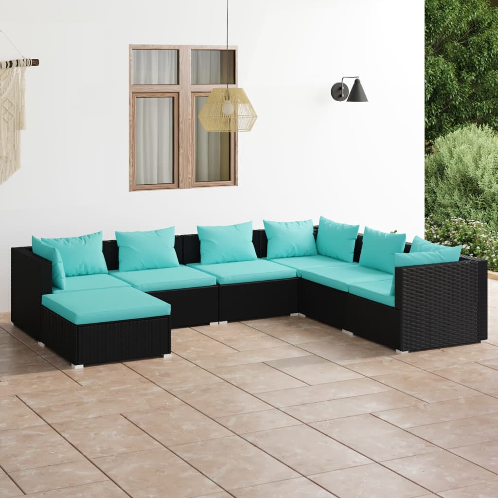 Vetonek Set de muebles de jardín 7 pzas y cojines ratán sintético negro