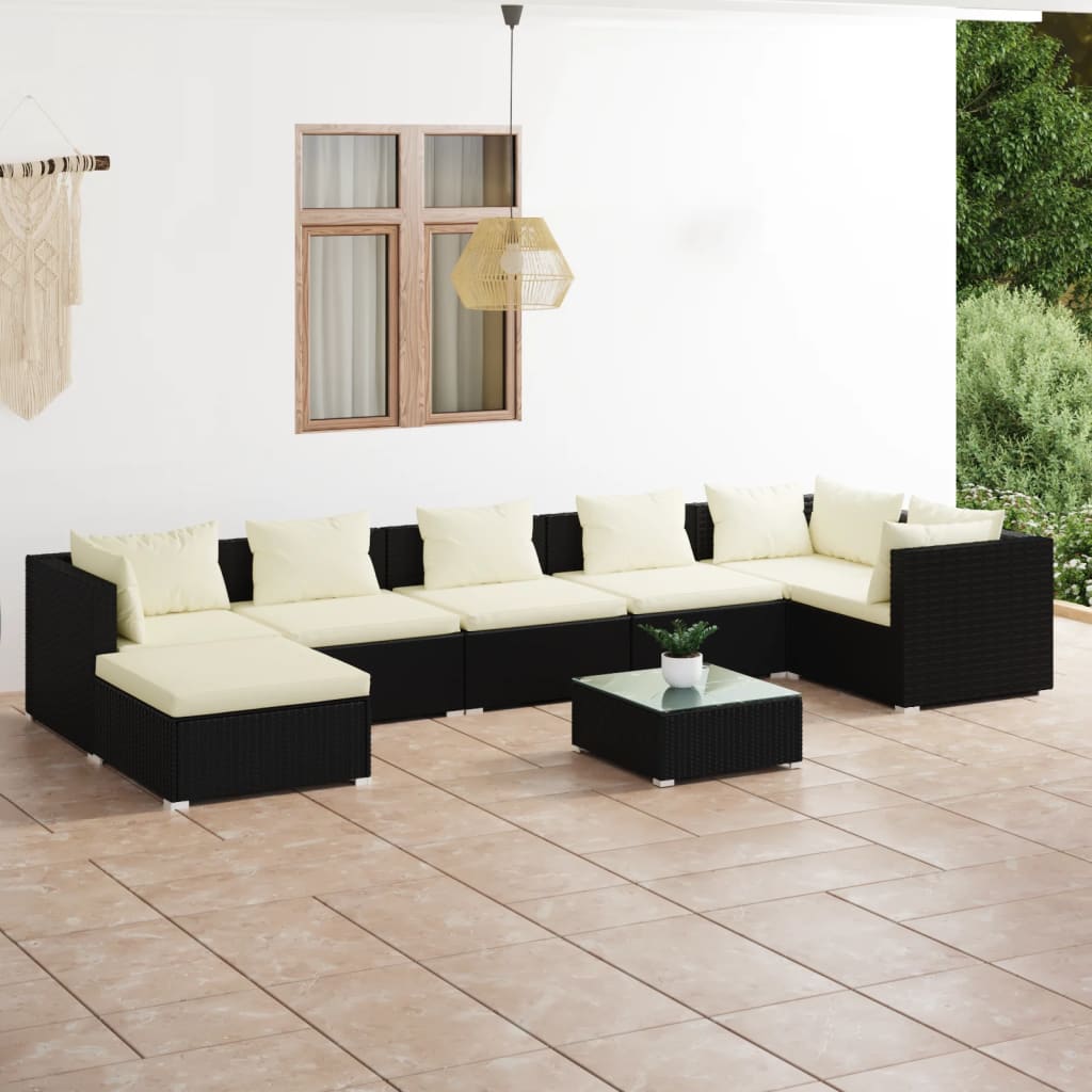 Vetonek Set de muebles de jardín 8 pzas y cojines ratán sintético negro