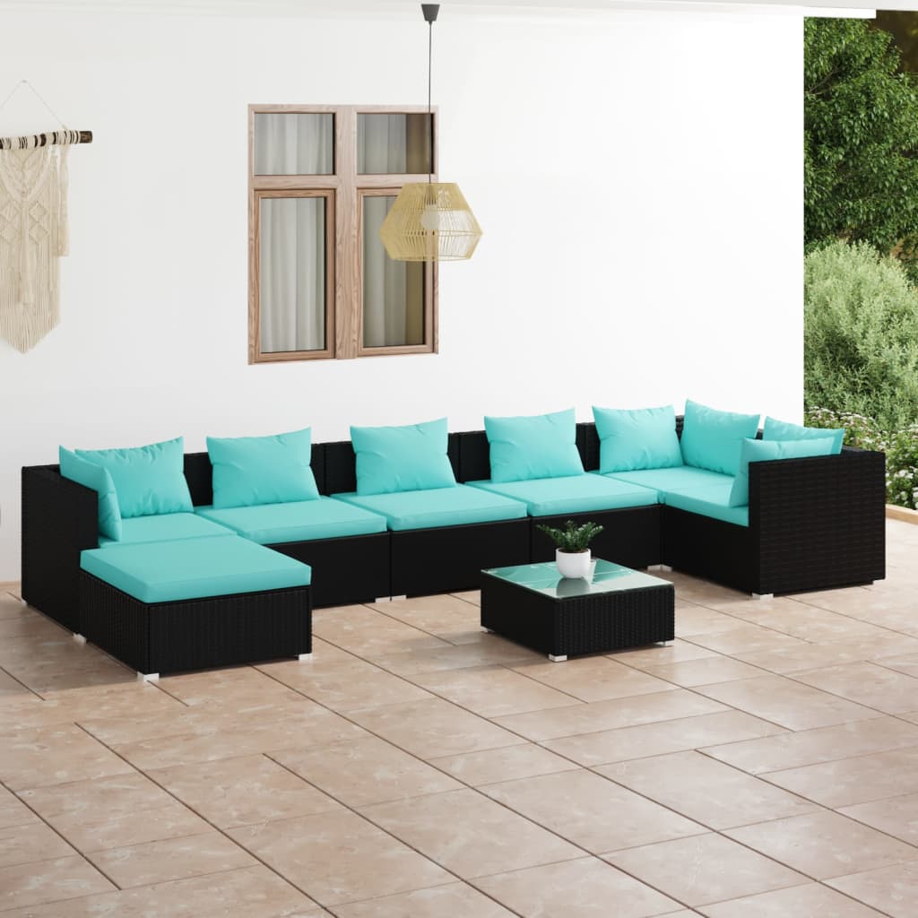 Vetonek Set de muebles de jardín 8 pzas y cojines ratán sintético negro