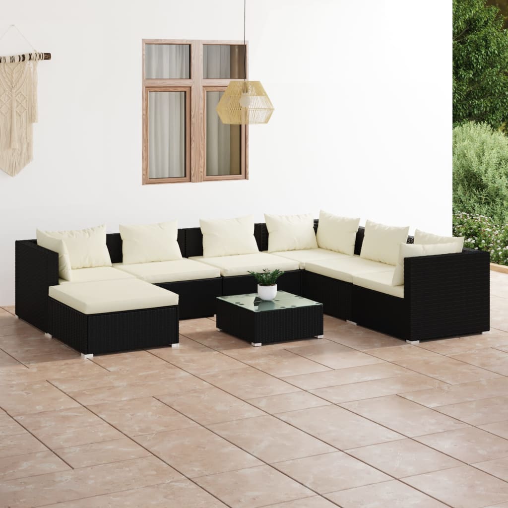 Vetonek Set de muebles de jardín 8 pzas y cojines ratán sintético negro