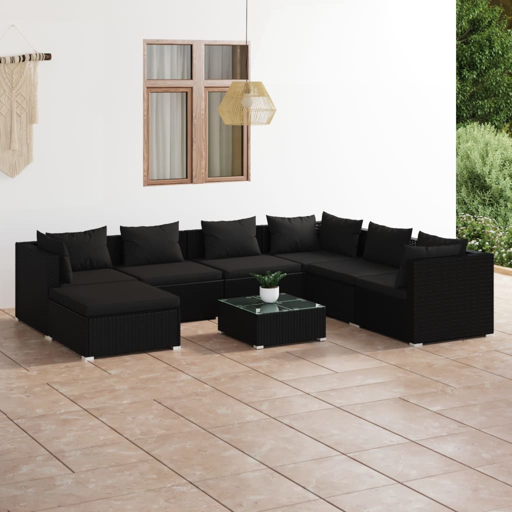 Vetonek Set de muebles de jardín 8 pzas y cojines ratán sintético negro