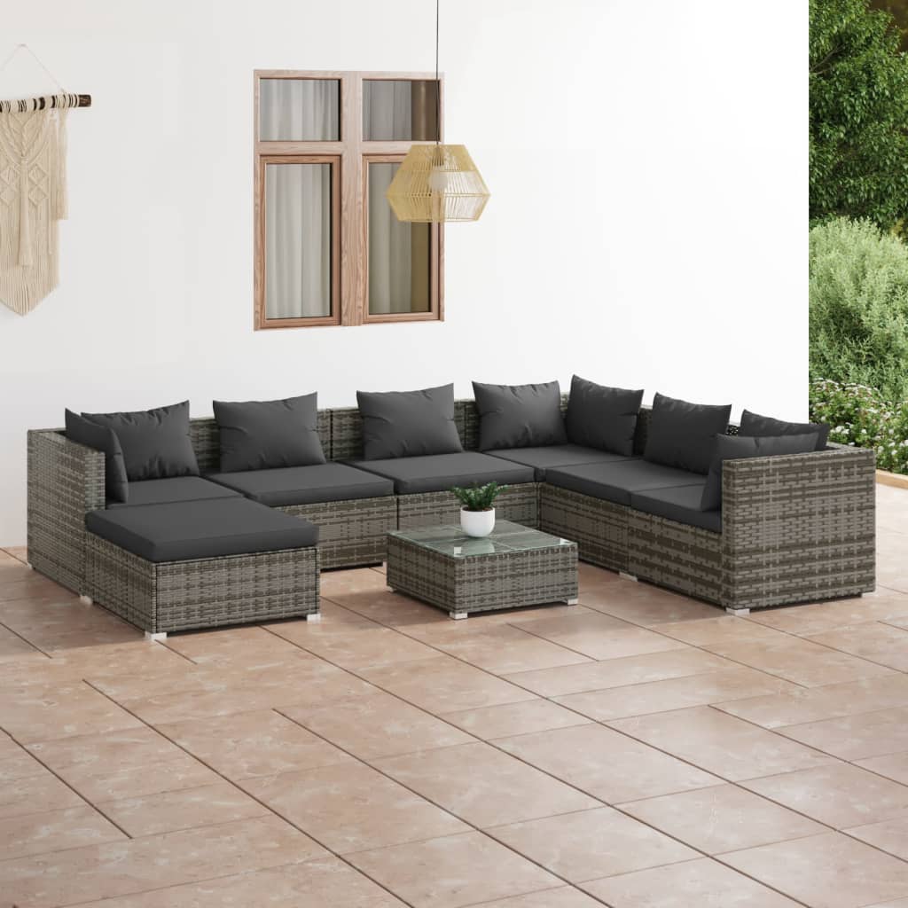 Vetonek Set de muebles de jardín 8 pzas y cojines ratán sintético gris