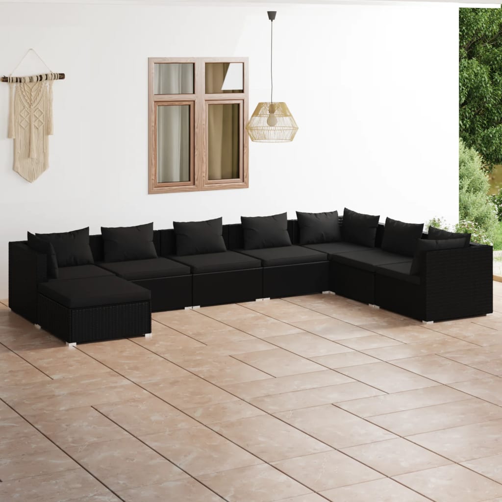 Vetonek Set de muebles de jardín 8 pzas y cojines ratán sintético negro