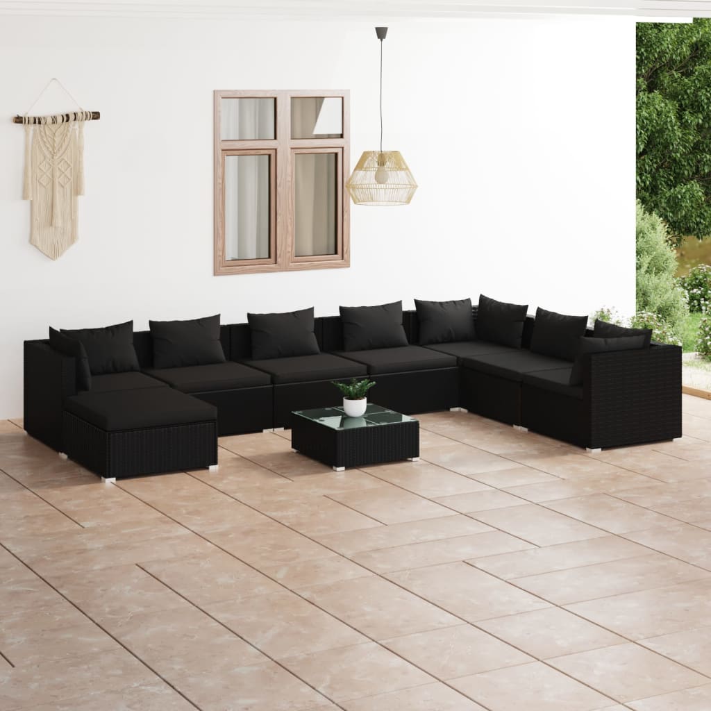 Set de muebles de jardín 9 pzas y cojines ratán sintético negro v5687 Vetonek