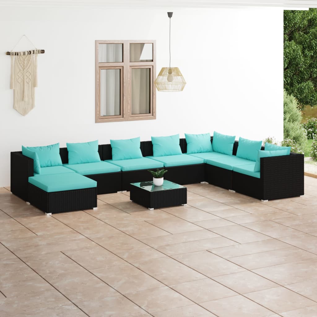 Set de muebles de jardín 9 pzas y cojines ratán sintético negro v5694 Vetonek