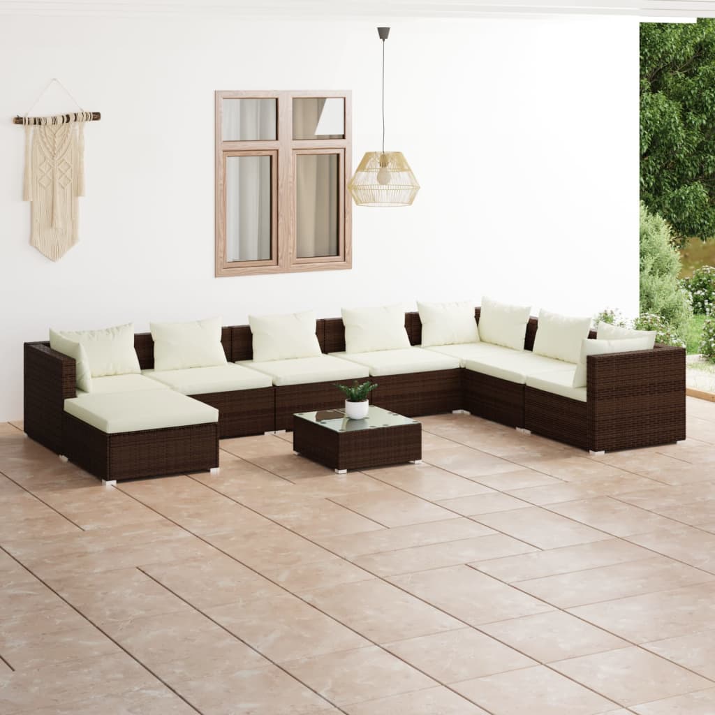 Vetonek Set muebles de jardín 9 piezas y cojines ratán sintético marrón