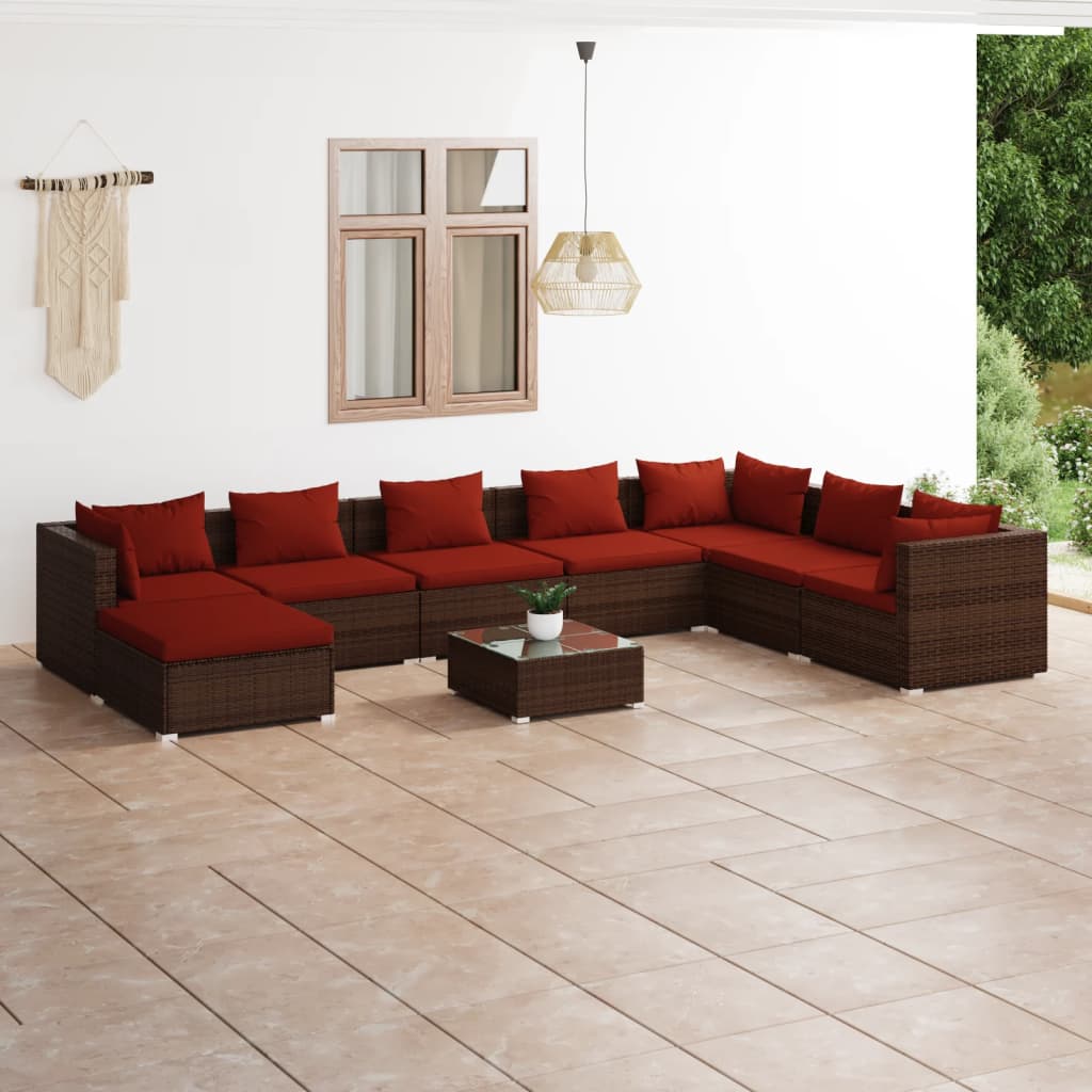 Vetonek Set muebles de jardín 9 piezas y cojines ratán sintético marrón