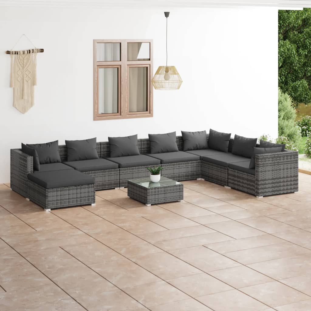 Vetonek Set de muebles de jardín 9 pzas y cojines ratán sintético gris