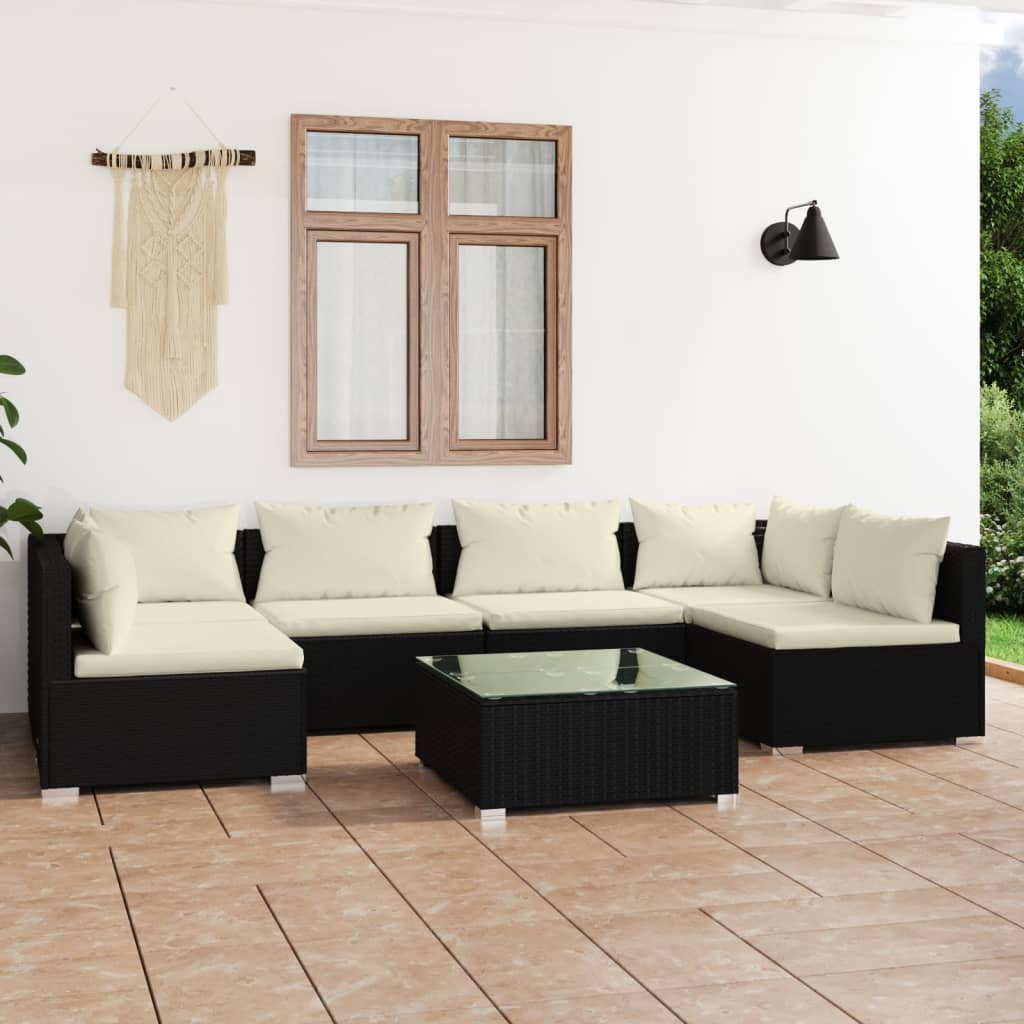 Vetonek Set de muebles de jardín 7 pzas y cojines ratán sintético negro