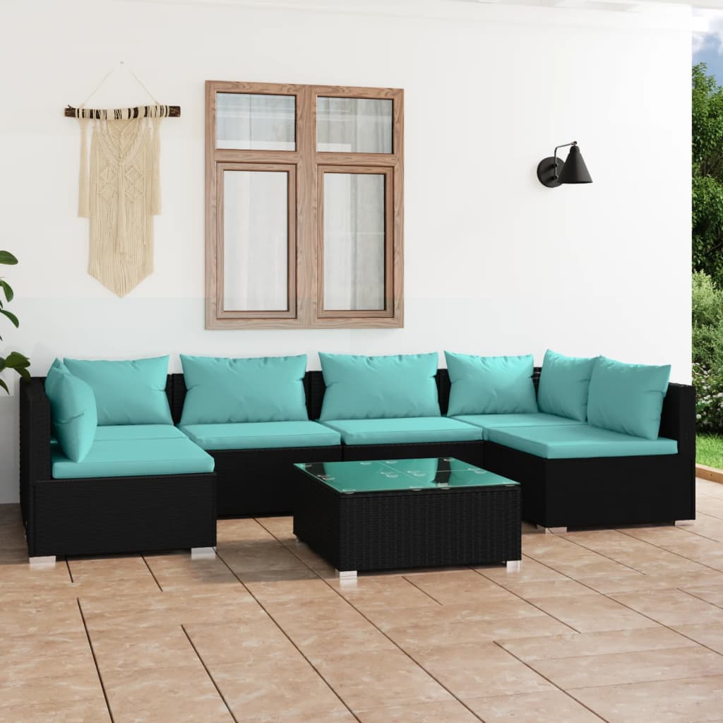 Vetonek Set de muebles de jardín 7 pzas y cojines ratán sintético negro