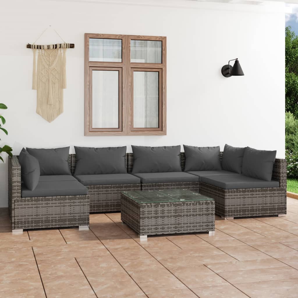 Vetonek Set de muebles de jardín 7 pzas y cojines ratán sintético gris