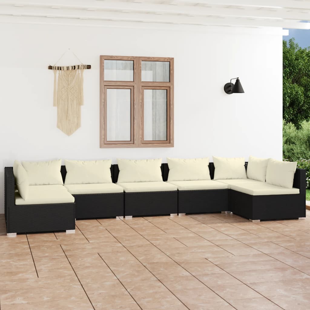 Vetonek Set de muebles de jardín 7 pzas y cojines ratán sintético negro