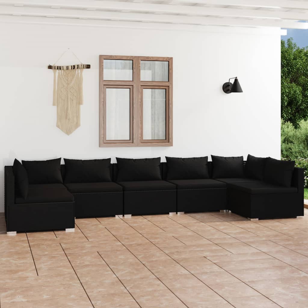 Vetonek Set de muebles de jardín 7 pzas y cojines ratán sintético negro