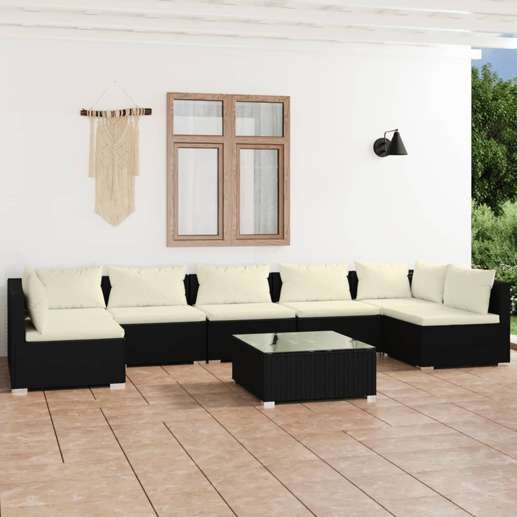 Vetonek Set de muebles de jardín 8 pzas y cojines ratán sintético negro