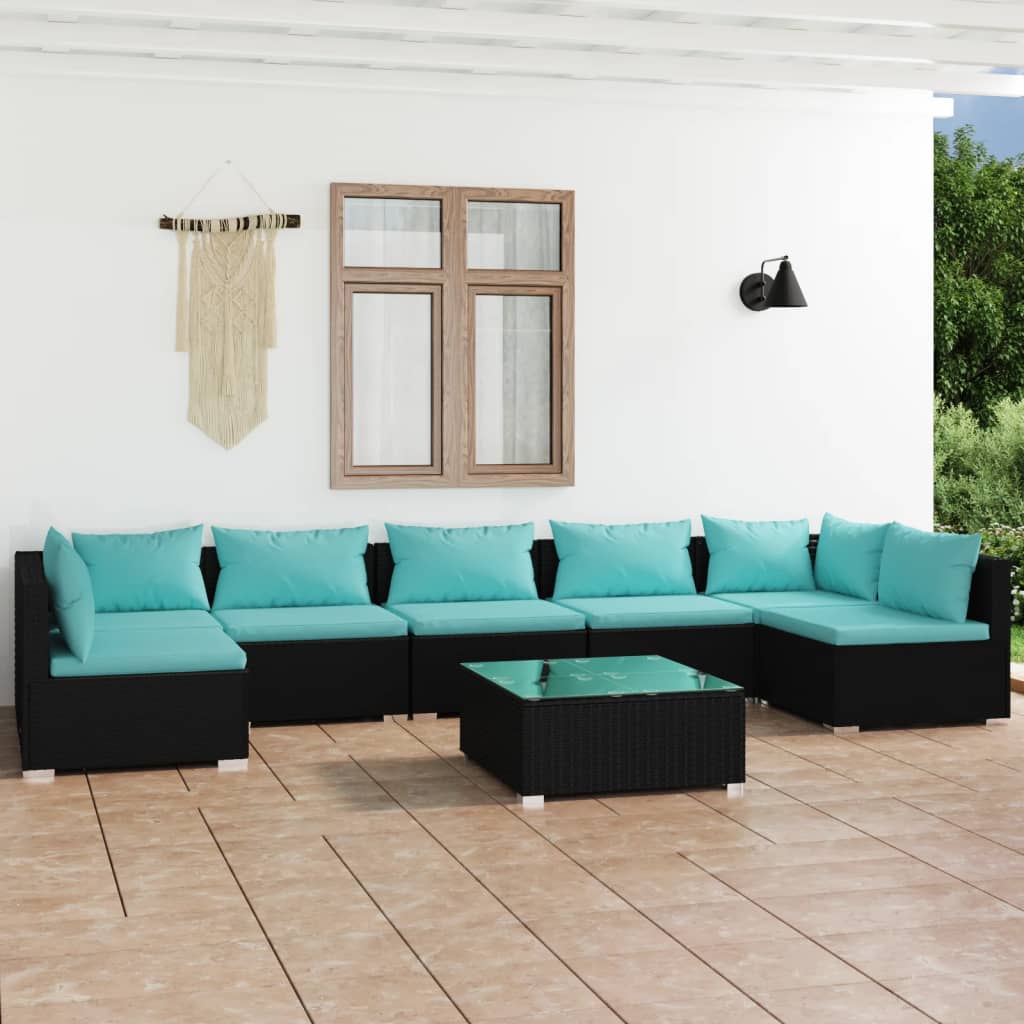 Vetonek Set de muebles de jardín 8 pzas y cojines ratán sintético negro