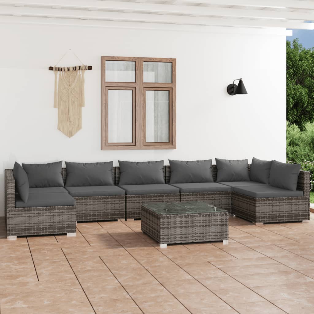 Vetonek Set de muebles de jardín 8 pzas y cojines ratán sintético gris