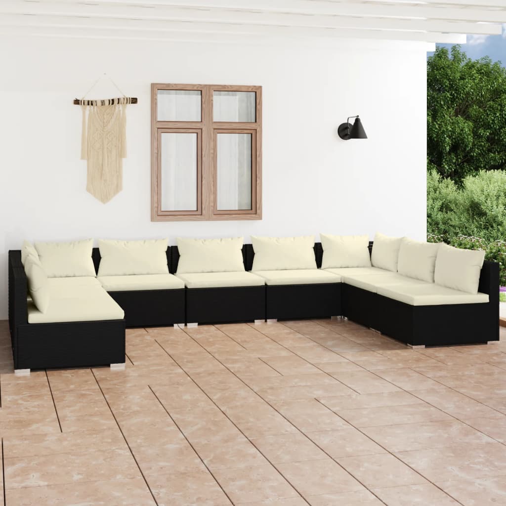 Vetonek Set de muebles de jardín 9 pzas y cojines ratán sintético negro