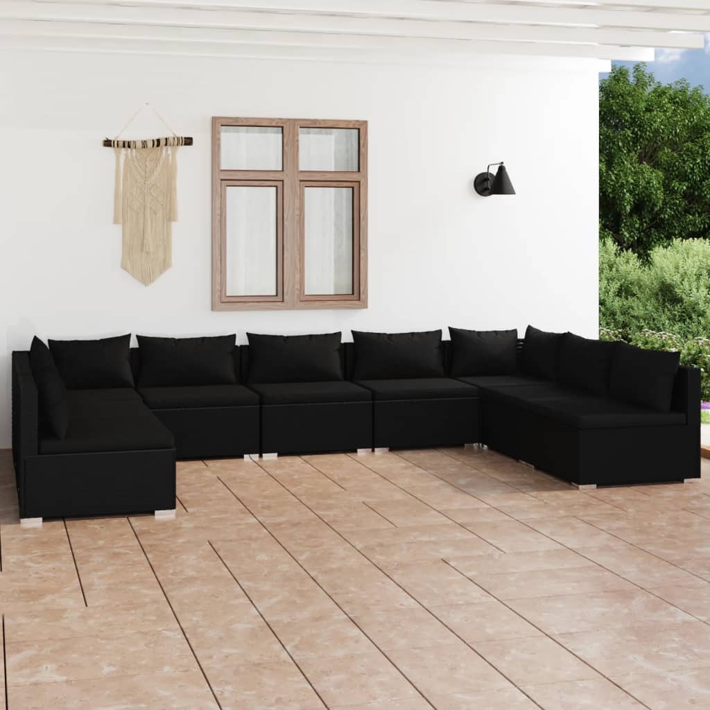 Vetonek Set de muebles de jardín 9 pzas y cojines ratán sintético negro