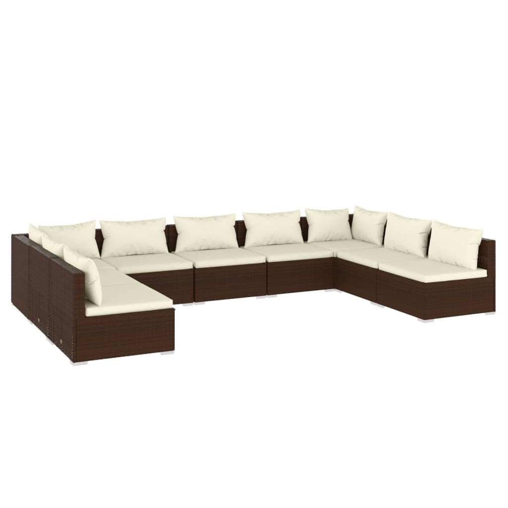 Set muebles de jardín 9 piezas y cojines ratán sintético marrón