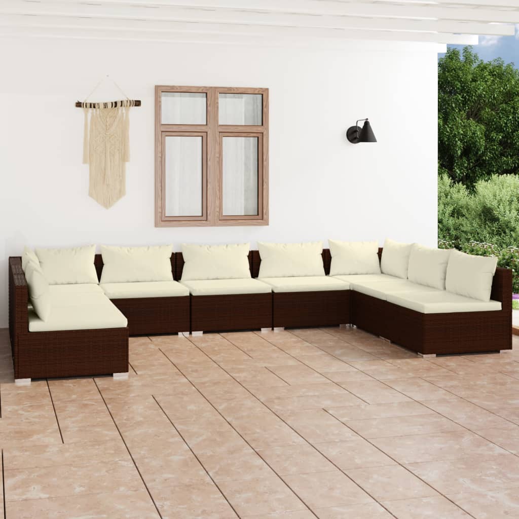 Vetonek Set muebles de jardín 9 piezas y cojines ratán sintético marrón