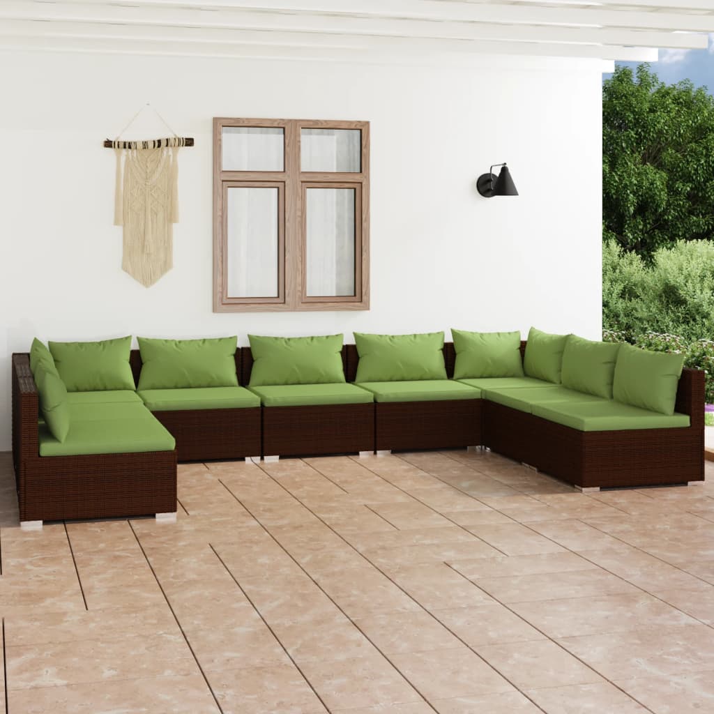 Vetonek Set muebles de jardín 9 piezas y cojines ratán sintético marrón