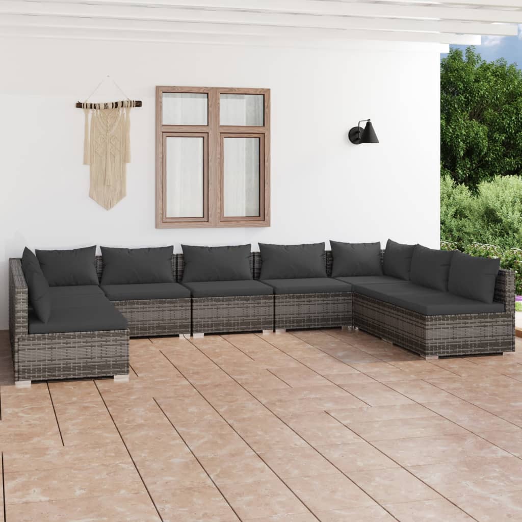 Vetonek Set de muebles de jardín 9 pzas y cojines ratán sintético gris