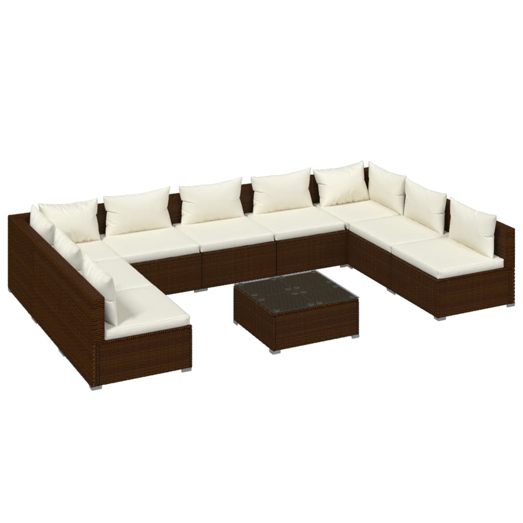 Set muebles de jardín 10 pzas y cojines ratán sintético marrón