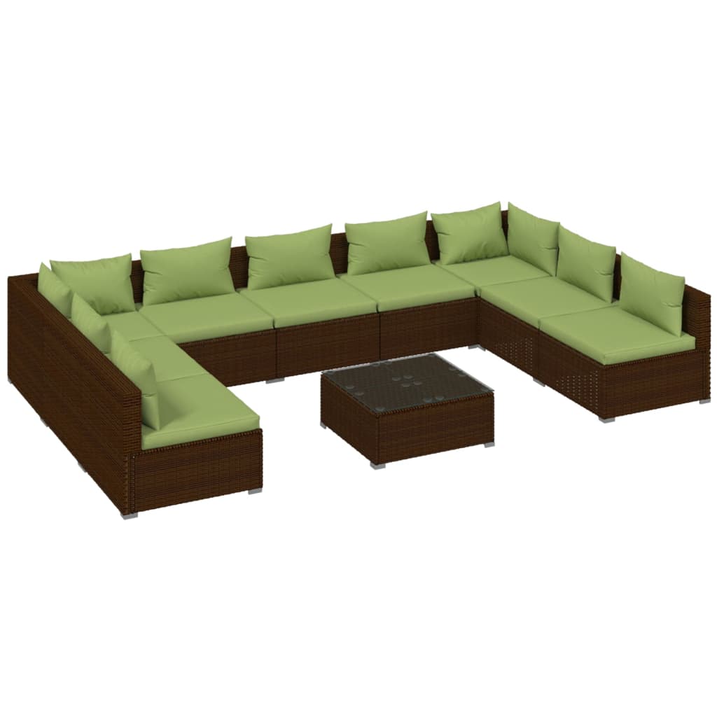 Set muebles de jardín 10 pzas y cojines ratán sintético marrón