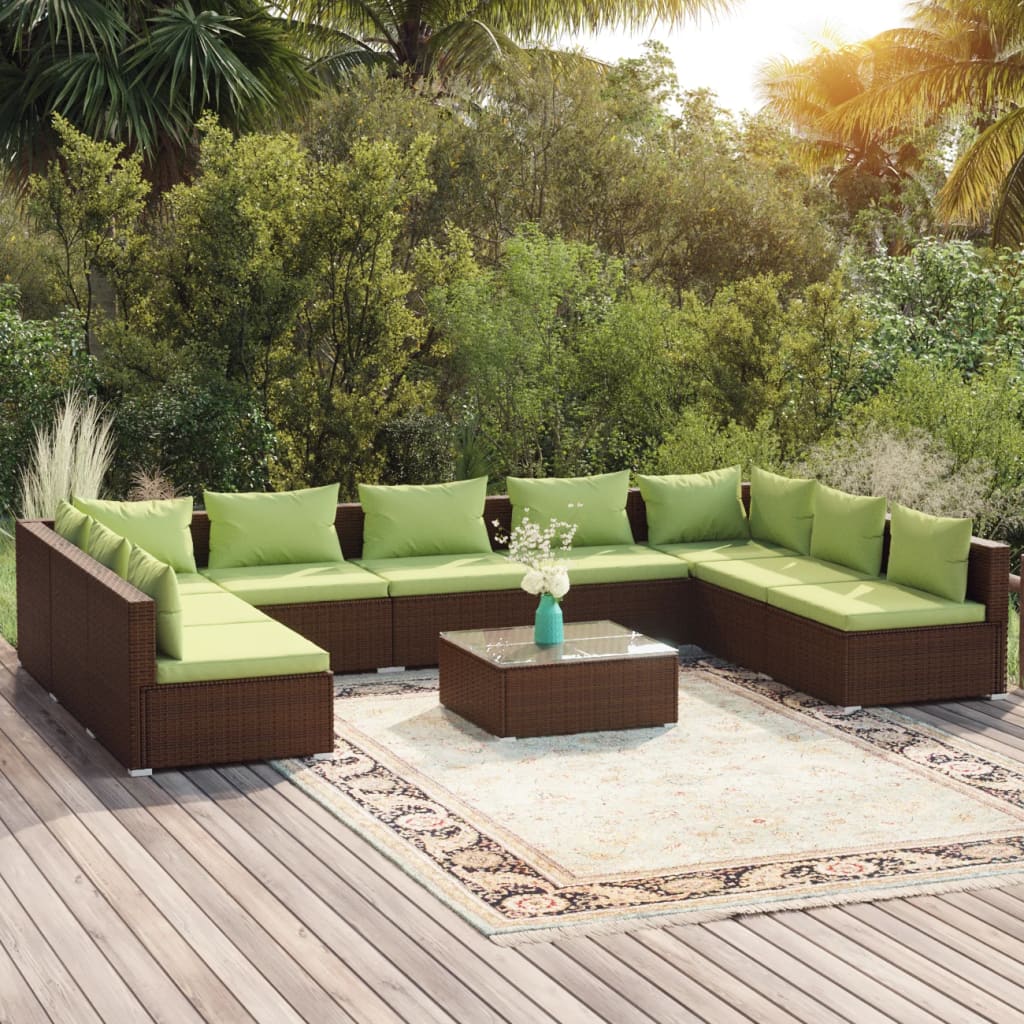 Set muebles de jardín 10 pzas y cojines ratán sintético marrón