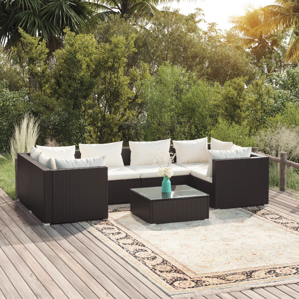 Vetonek Set de muebles de jardín y cojines 7 pzas ratán sintético negro