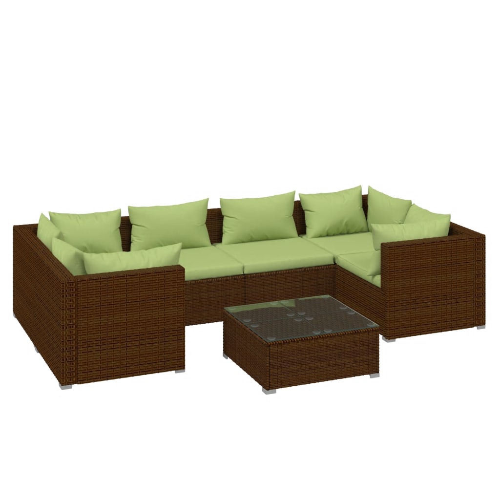 Set muebles de jardín 7 piezas y cojines ratán sintético marrón