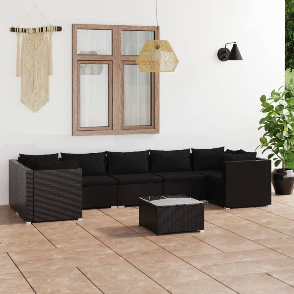 Vetonek Set de muebles de jardín 8 pzas y cojines ratán sintético negro