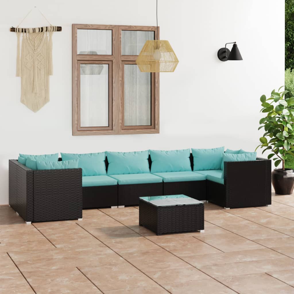 Vetonek Set de muebles de jardín 8 pzas y cojines ratán sintético negro