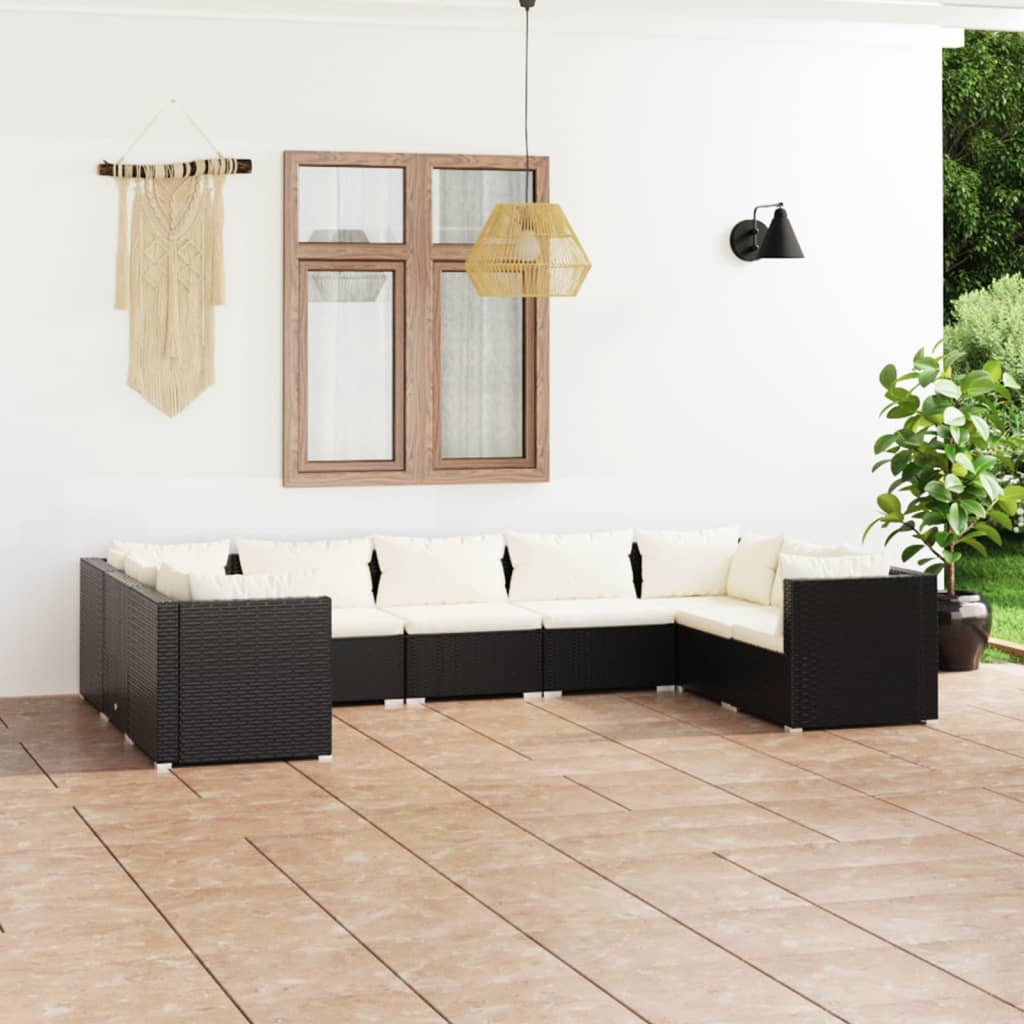 Vetonek Set de muebles de jardín 9 pzas y cojines ratán sintético negro