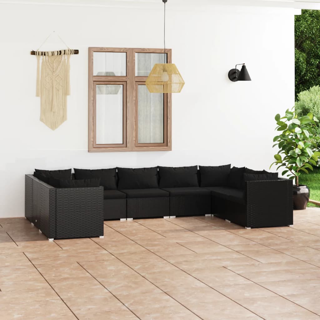 Vetonek Set de muebles de jardín 9 pzas y cojines ratán sintético negro