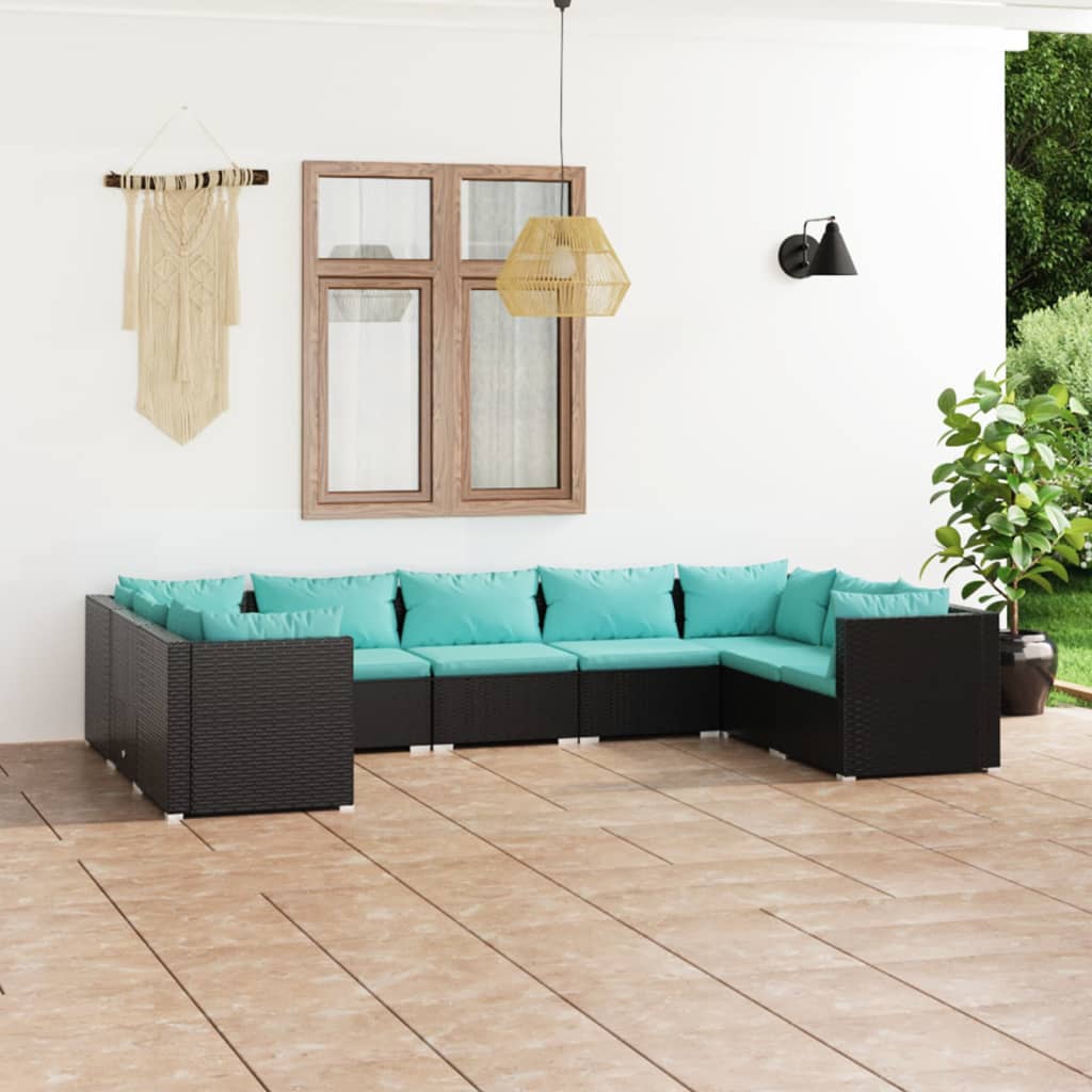 Vetonek Set de muebles de jardín 9 pzas y cojines ratán sintético negro