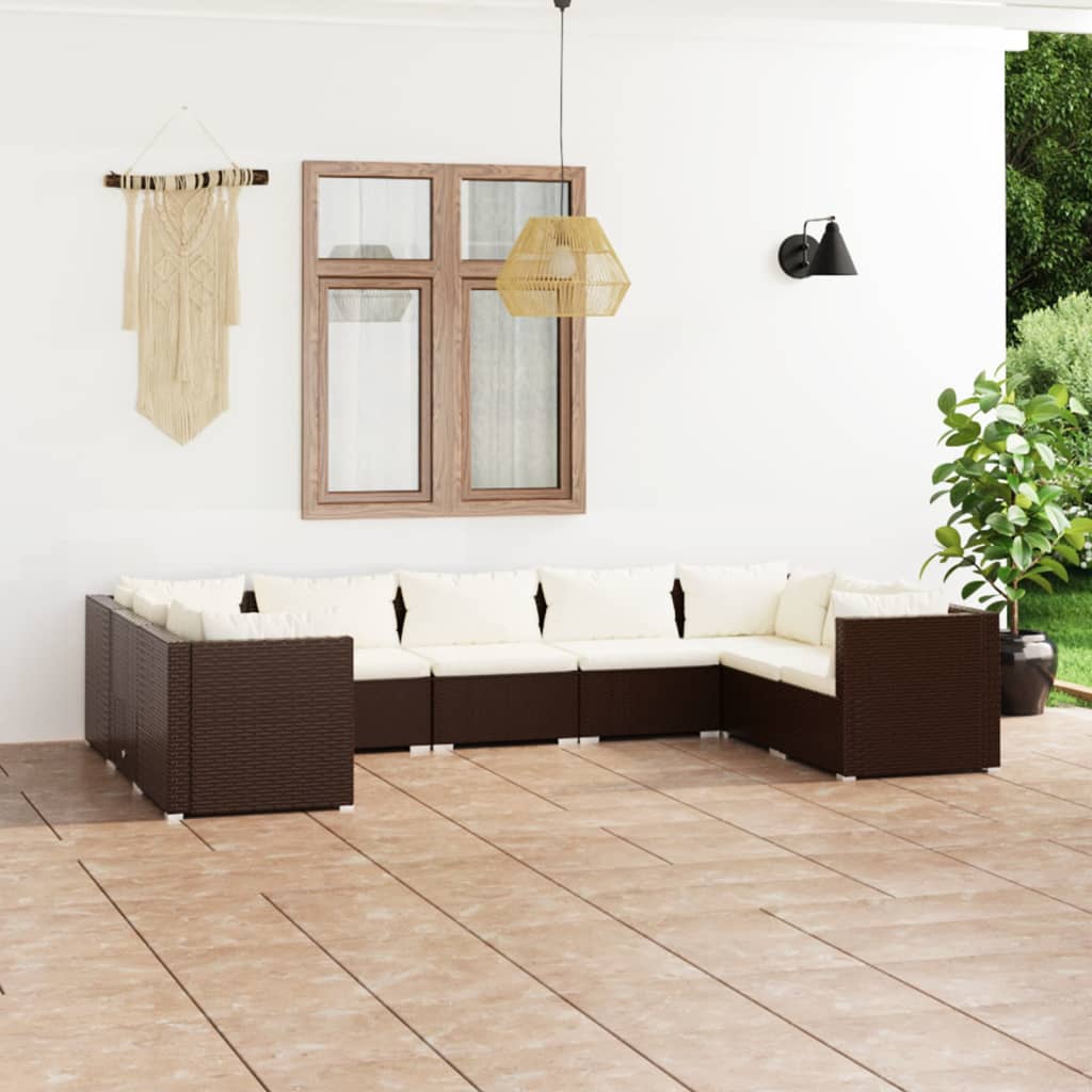 Vetonek Set muebles de jardín 9 piezas y cojines ratán sintético marrón