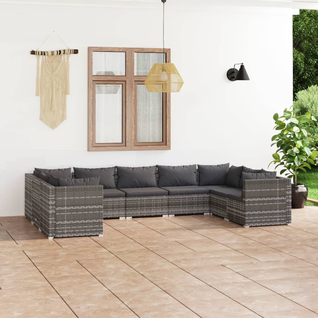 Vetonek Set de muebles de jardín 9 pzas y cojines ratán sintético gris