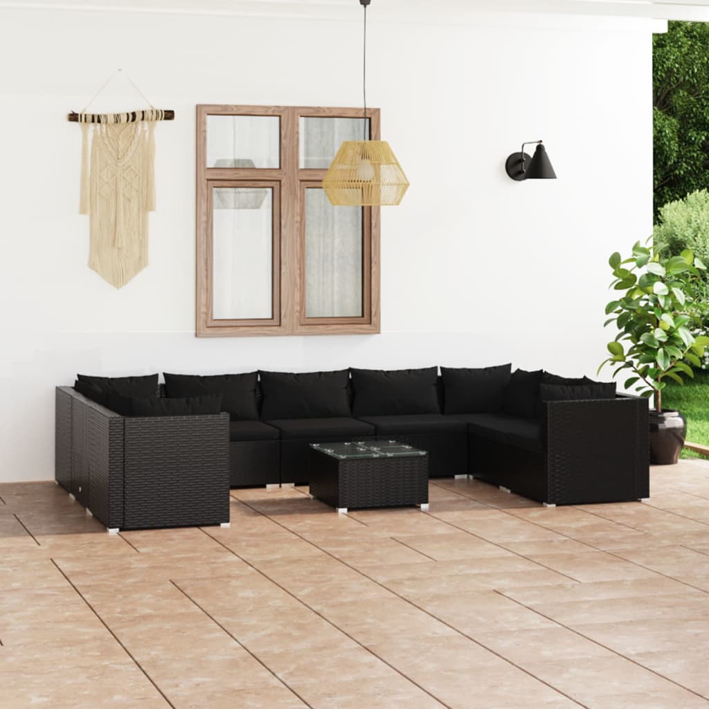 Vetonek Set de muebles de jardín 10 pzas cojines ratán sintético negro