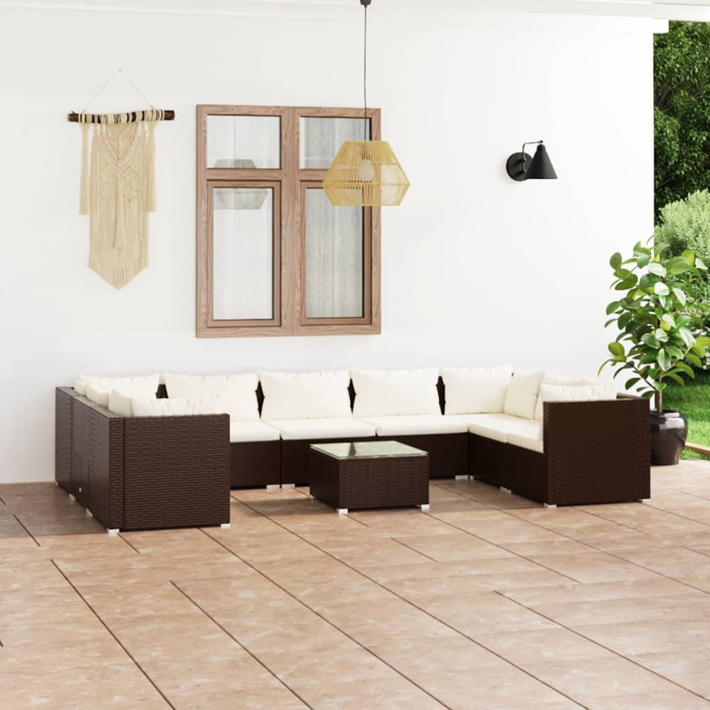 Vetonek Set muebles de jardín 10 pzas y cojines ratán sintético marrón