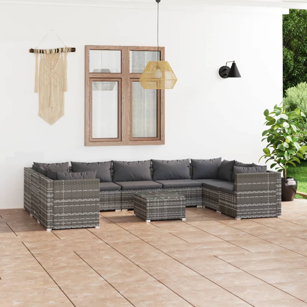 Vetonek Set de muebles de jardín 10 pzas y cojines ratán sintético gris