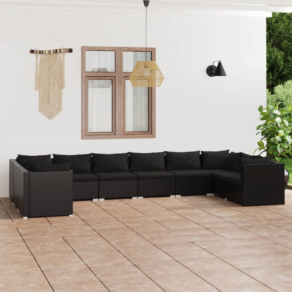 Vetonek Set de muebles de jardín 10 pzas cojines ratán sintético negro