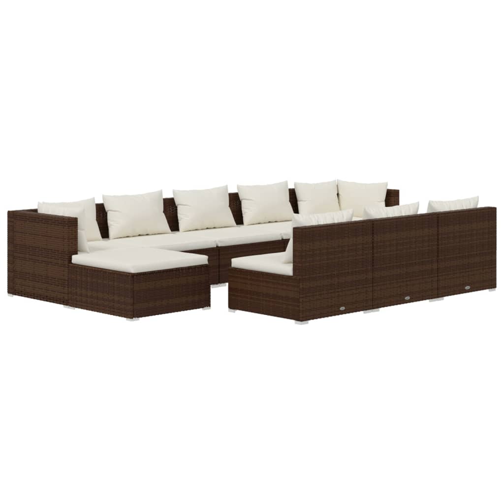 Set muebles de jardín 10 pzas y cojines ratán sintético marrón