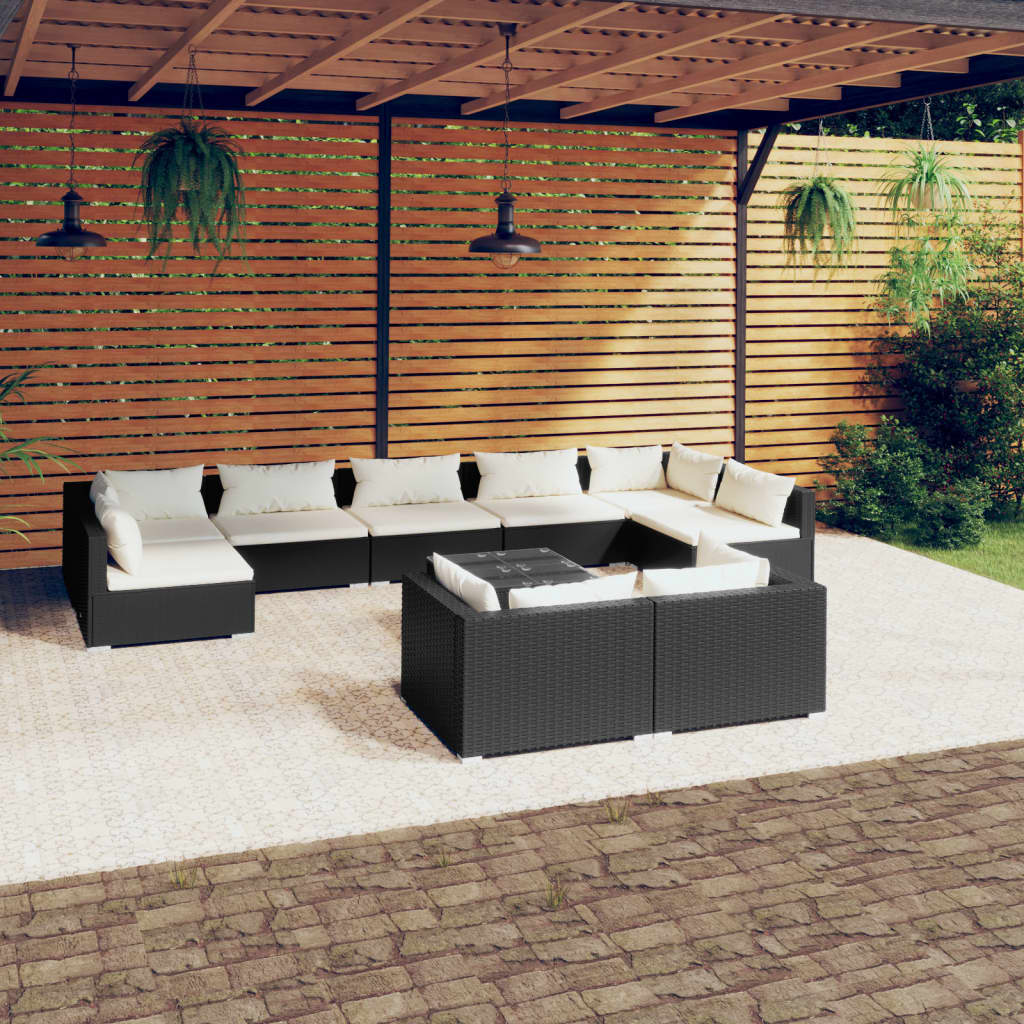 Vetonek Set de muebles de jardín 10 pzas cojines ratán sintético negro